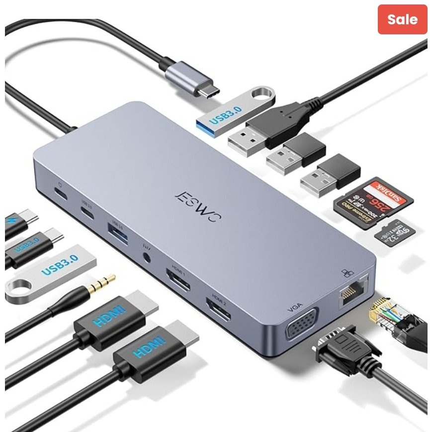 JESWO 14-in-1 Dock with 2 HDMI,VGA, All Products Ethernet,6 USB A/C 3.0 Ports,100W > Docking Station PD,Audio,SD/TF(NC1401)