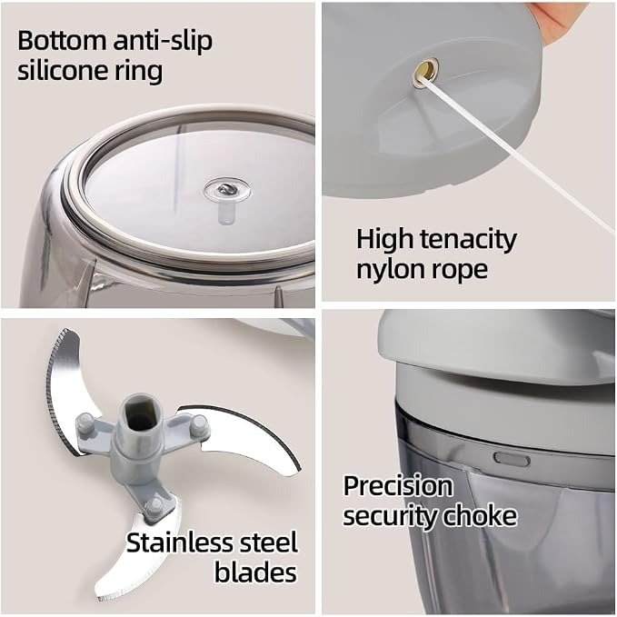 Manual Food Processor Vegetable Chopper 2.3 Cup Small Mini Hand Pull String Onion Chopper Garlic Mincer Cutter with 3 Stainless Steel Blades (Grey, 550 ml)