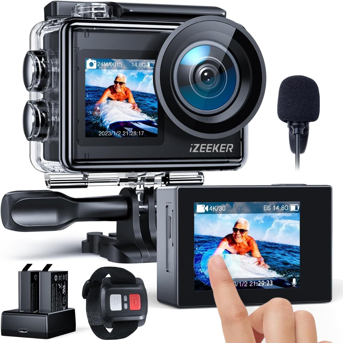 iZEEKER Action Camera 4K 24MP, 40M Waterproof Underwater Camera for Snorkeling, Dual Screen Vlogging Camera,EIS, 170°Wide Angle, 2×1350mAh Batteries, WiFi, Remote Control,External Mic, Accessories