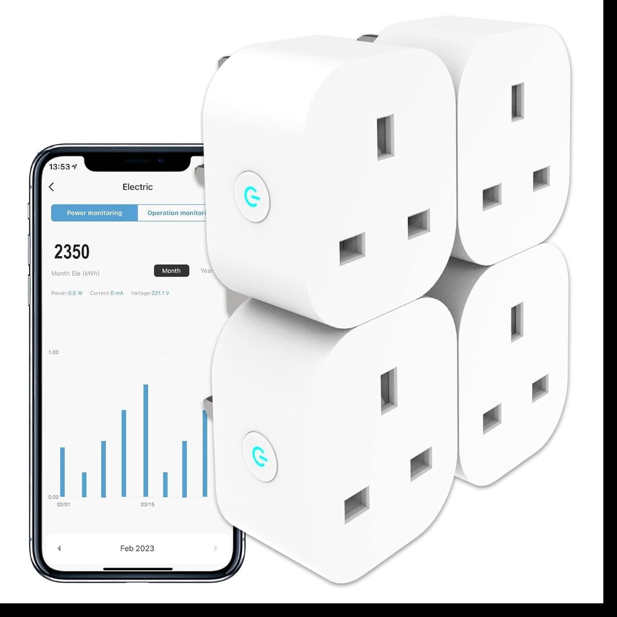 ANTELA Smart Plug with Energy Monitoring, 2,4GHz WiFi Plug with Timer Function, Alexa Voice Control, Smart Life APP Wireless Remote Control, Compatible with Alexa and Google Home, 13A, 4PCS