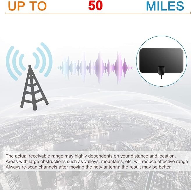 Indoor TV Aerial, 50 Miles Digital HDTV Antenna Freeview 4K 1080P HD FM VHF UHF Window Aerial for Local Channels Support ALL Television-13ft Coax Cable