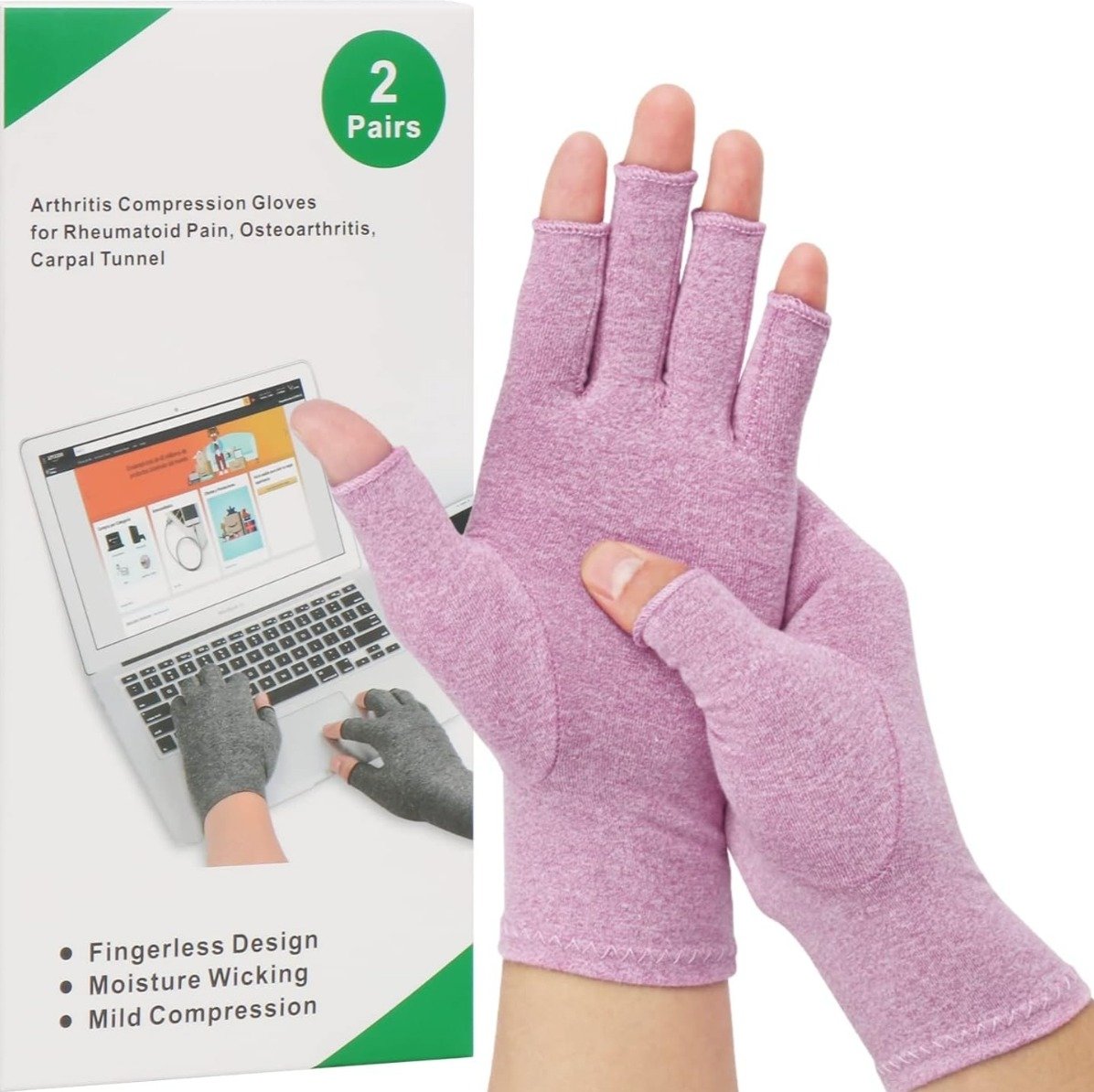 2-Pair Arthritis Compression Gloves for Alleviate Rheumatoid Osteoarthritis, Carpal Tunnel Raynauds Disease, Fingerless Design Breathable & Moisture, Women and Men (Purple, Medium)