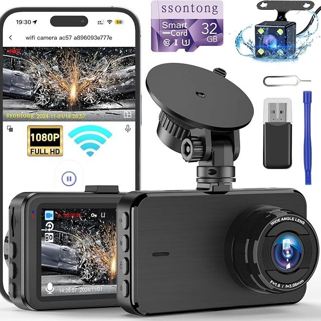 Dash Cam Front and Rear, Dashcam WiFi/App Control 1080P Car Camera Dash Cam, Dual Lens Dashboard Dash Camera for cars w/ 32GB Card,Night Vision,WDR,G-sensor,Loop Recording,Parking Mode,170 Wide Angle