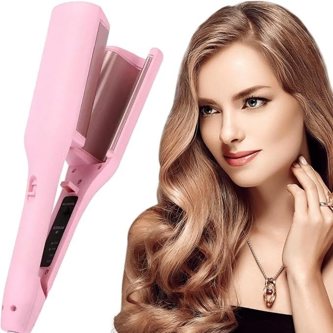 French Wave Curling Iron Crimper, Hair Waver Wand Double Barrel Curler Women Girl, 32mm Deep Crimpers for Mermaid Beach Hair, Egg Roll Wavers Styler Care Tool 4 Temp for Short Medium Long(Pink)