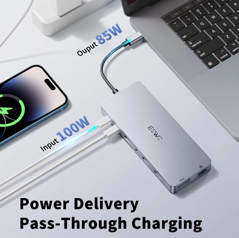 JESWO 14-in-1 Dock with 2 HDMI,VGA, Ethernet,6 USB A/C 3.0 Ports,100W PD,Audio,SD/TF (NC1401)