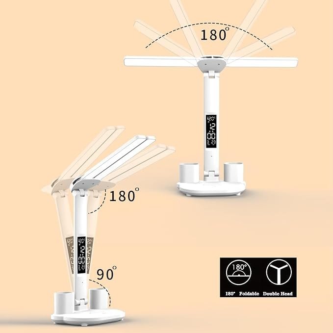 Desk Lamp Battery Wireless with Clock, LED Dimmable 3200 mAh Battery Desk Lamp Pen Holder / LCD Display / Calendar / Temperature, 3 Light Colours Office Lamp for Girls Boys White 3200 mAh
