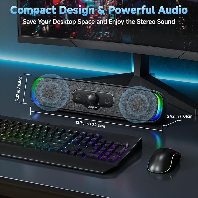 SOULION R200 PC Speakers Bluetooth USB Soundbar for Desktop, Laptop Compact Computer Sound Bar with Colorful LED Lighting Effect, USB Type-C Powered